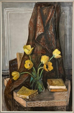 Large French Modernist Nabi Oil Painting Jean Souverbie Still Life Tulipes Jaune