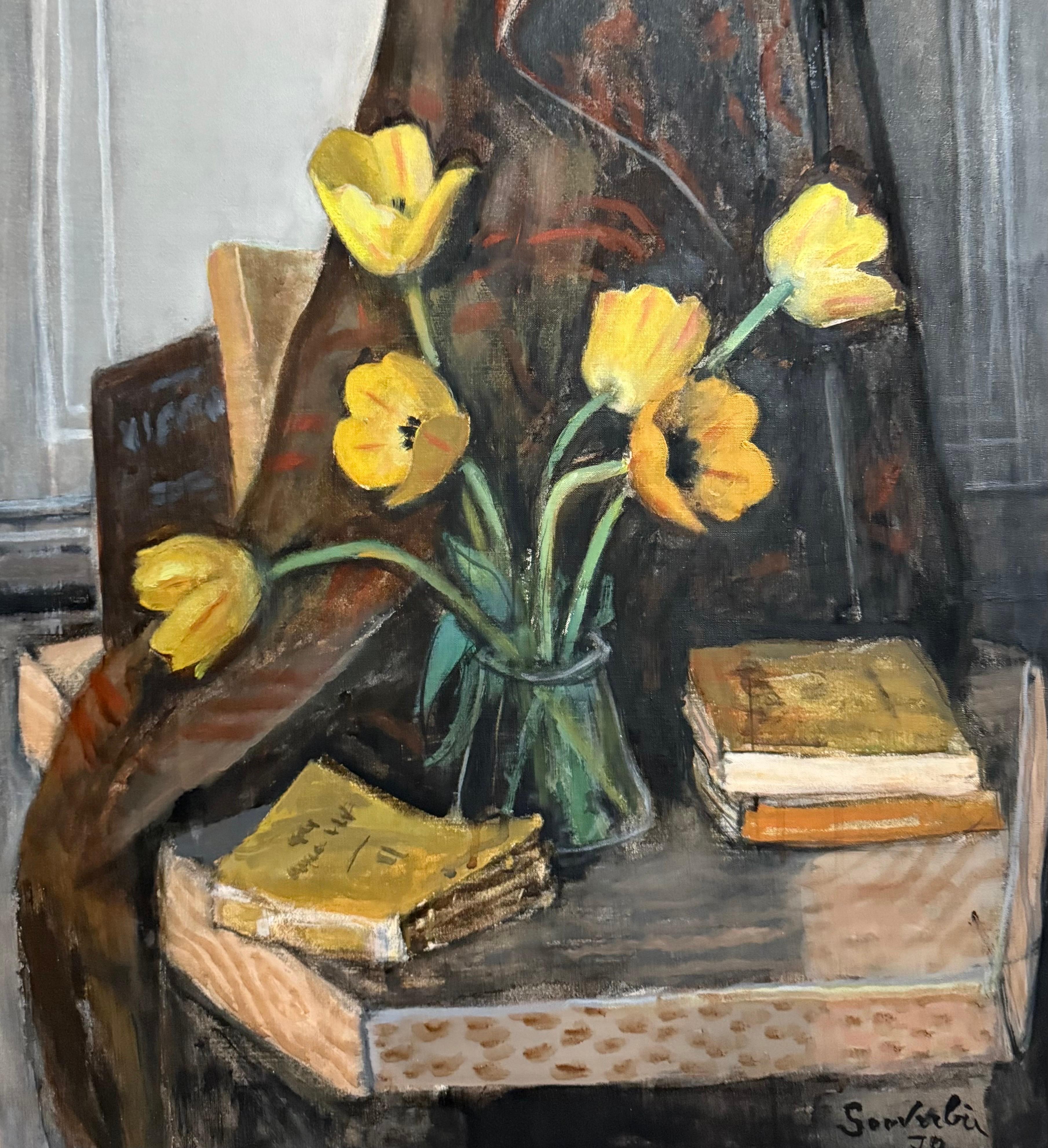 Grande pittura a olio francese modernista nabi Jean Souverbie Natura morta Tulipes Jaune in vendita 2