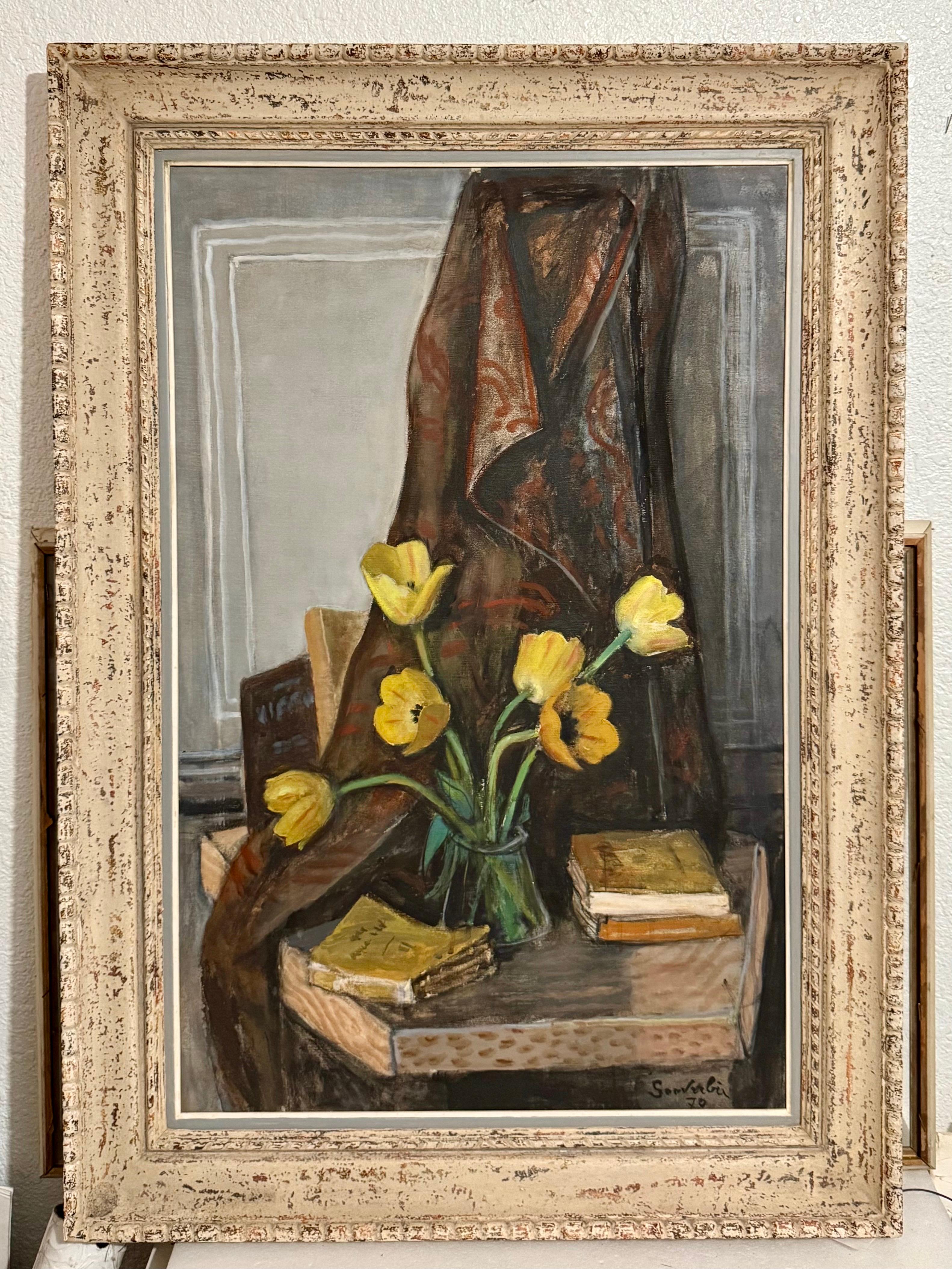 Grande pittura a olio francese modernista nabi Jean Souverbie Natura morta Tulipes Jaune in vendita 4