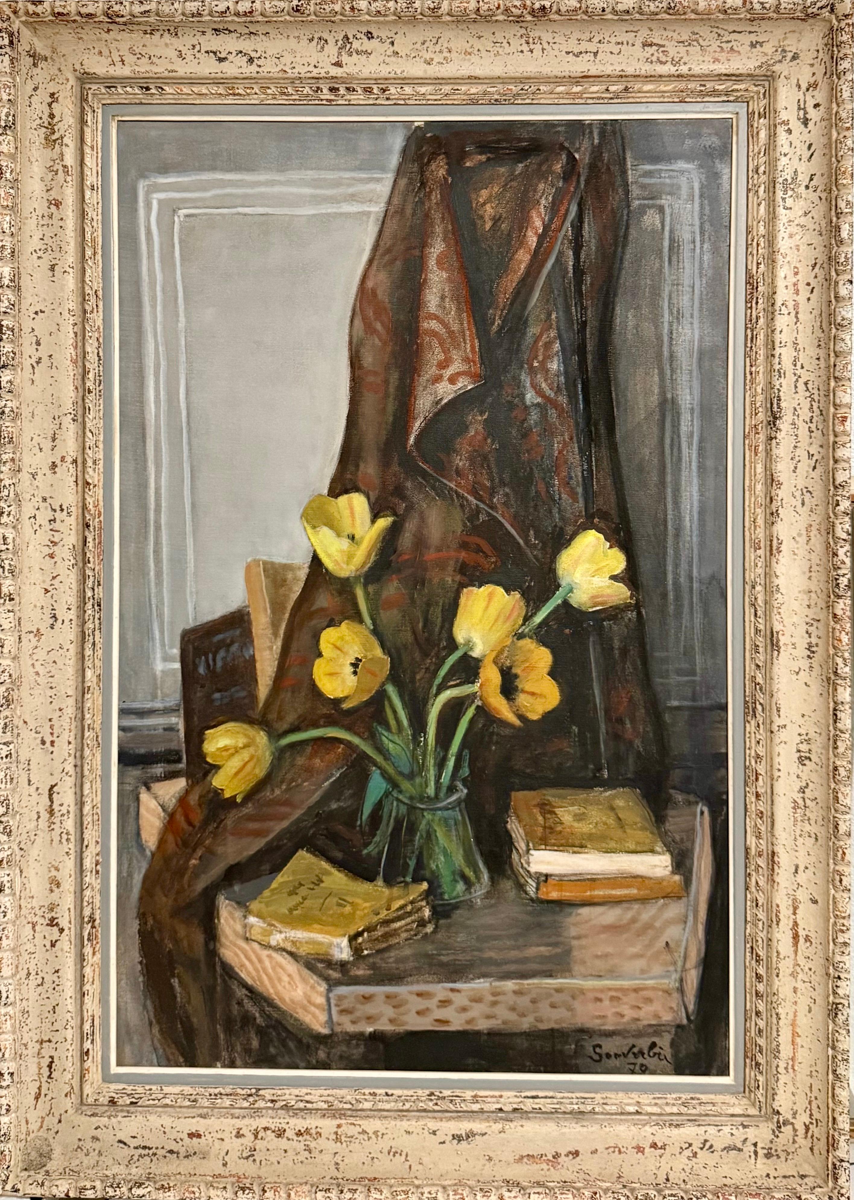 Large French Modernist Nabi Oil Painting Jean Souverbie Still Life Tulipes Jaune