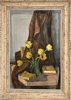 Large French Modernist Nabi Oil Painting Jean Souverbie Still Life Tulipes Jaune