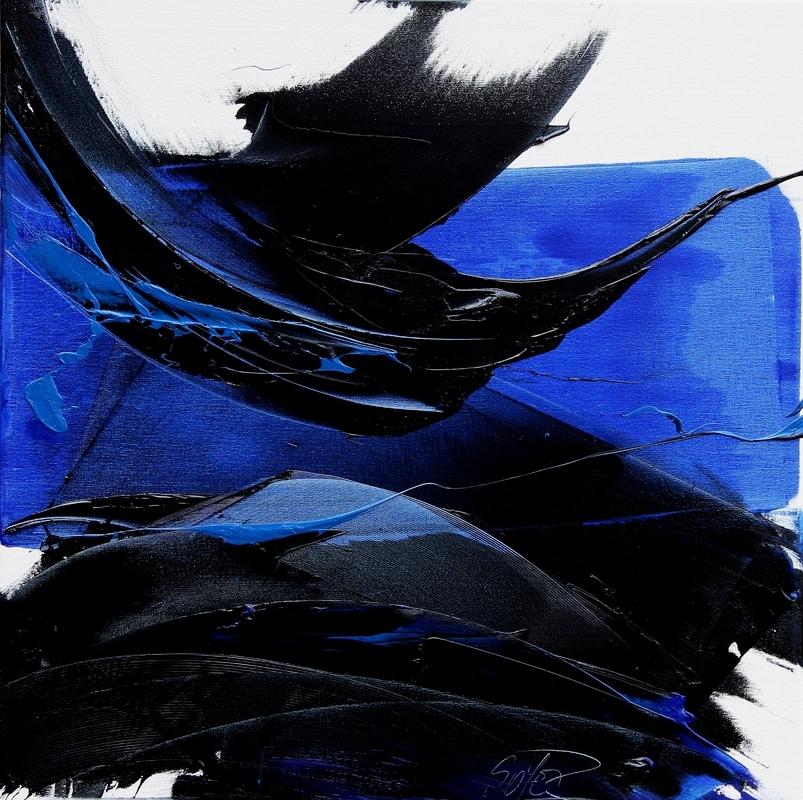 Jean Soyer Abstract Painting - Black and Blue on White Background Squared Abstract Oil Painting