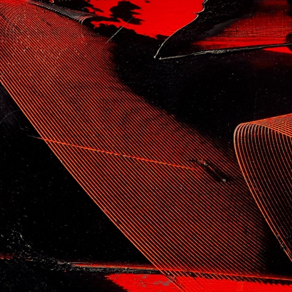 Schwarz und Grau auf rotem Hintergrund Lyrical Abstraction Ölgemälde, ohne Titel im Angebot 6