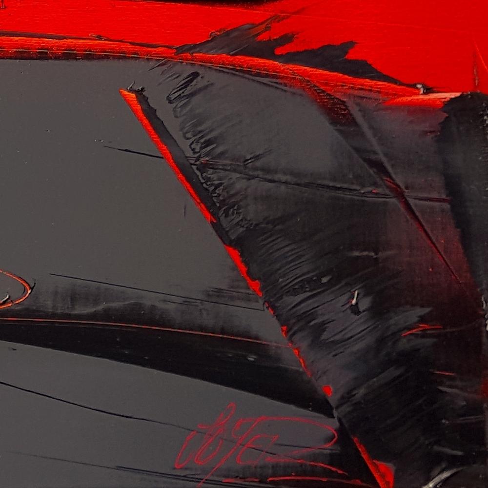 Schwarz und Grau auf rotem Hintergrund Lyrical Abstraction Ölgemälde, ohne Titel im Angebot 7