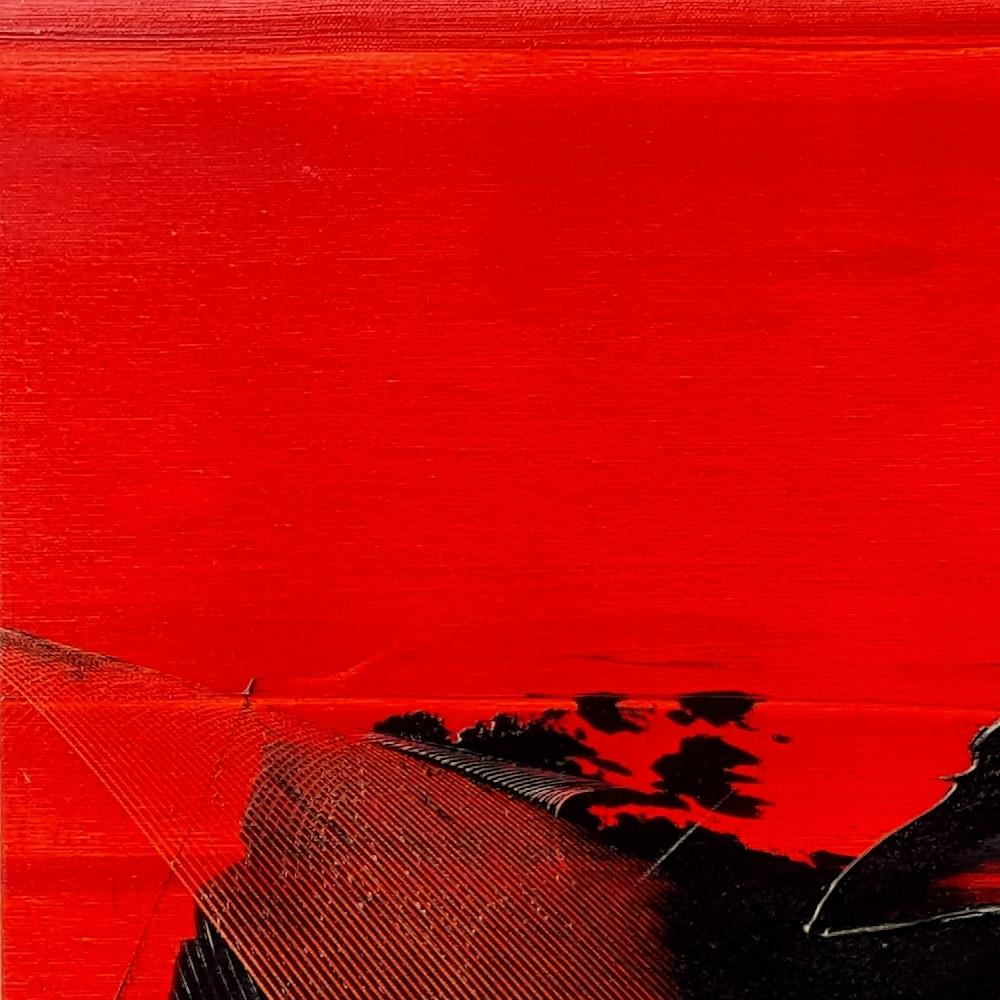 Schwarz und Grau auf rotem Hintergrund Lyrical Abstraction Ölgemälde, ohne Titel im Angebot 9