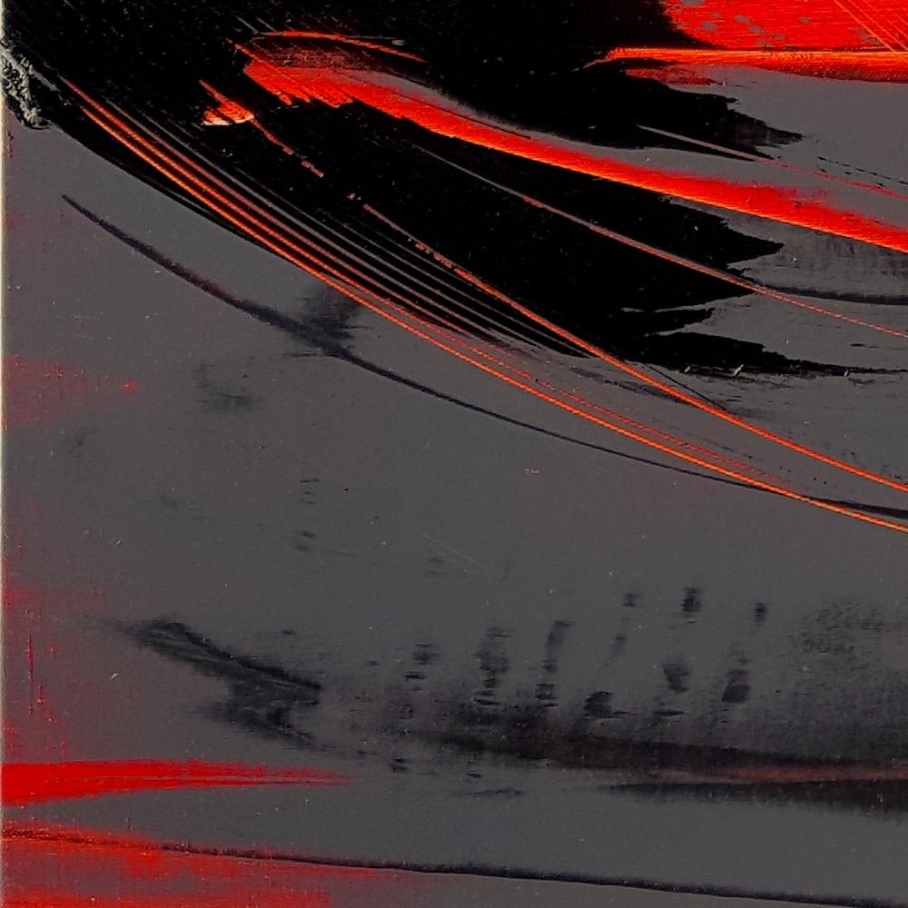 Schwarz und Grau auf rotem Hintergrund Lyrical Abstraction Ölgemälde, ohne Titel im Angebot 10