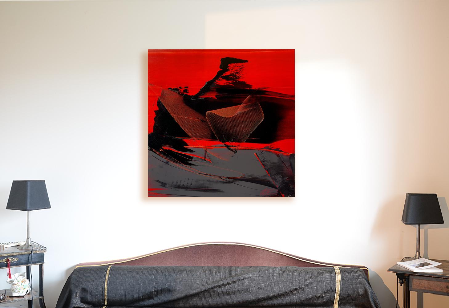 Schwarz und Grau auf rotem Hintergrund Lyrical Abstraction Ölgemälde, ohne Titel – Painting von Jean Soyer