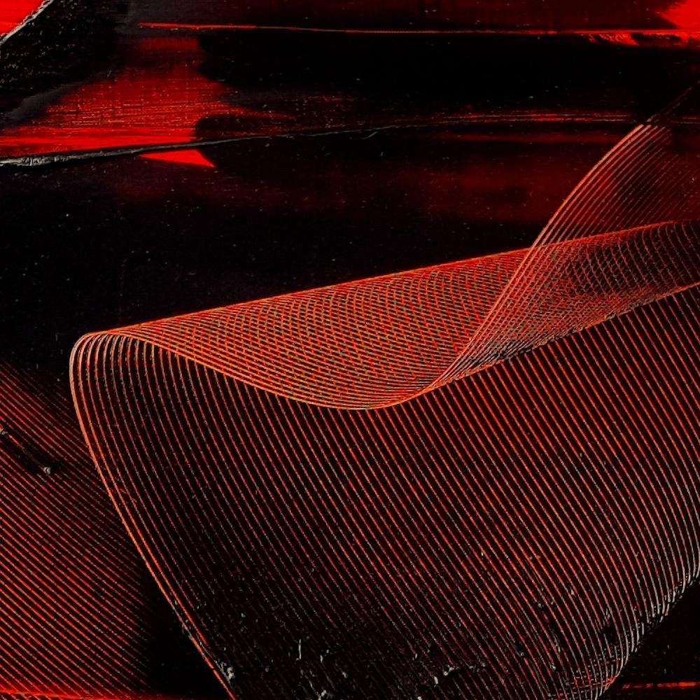 Noir et gris sur fond rouge Abstraction lyrique Peinture à l'huile, sans titre - Abstrait Painting par Jean Soyer