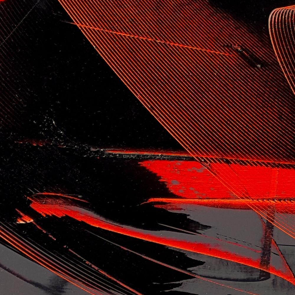 Schwarz und Grau auf rotem Hintergrund Lyrical Abstraction Ölgemälde, ohne Titel im Angebot 3
