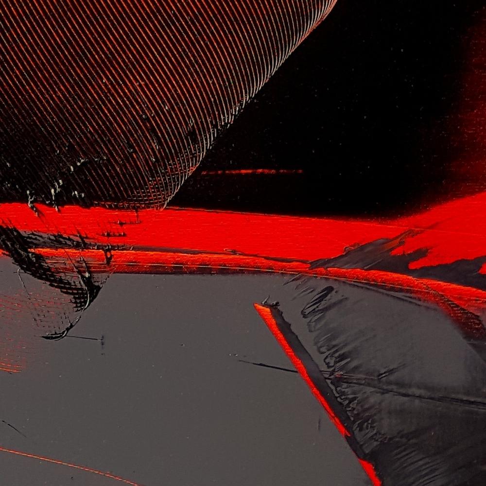Schwarz und Grau auf rotem Hintergrund Lyrical Abstraction Ölgemälde, ohne Titel im Angebot 4