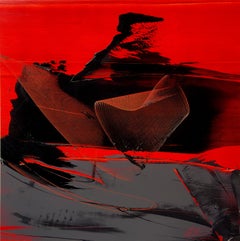 Black and Grey on Red Background Lyrical Abstraction Oil Painting, Untitled