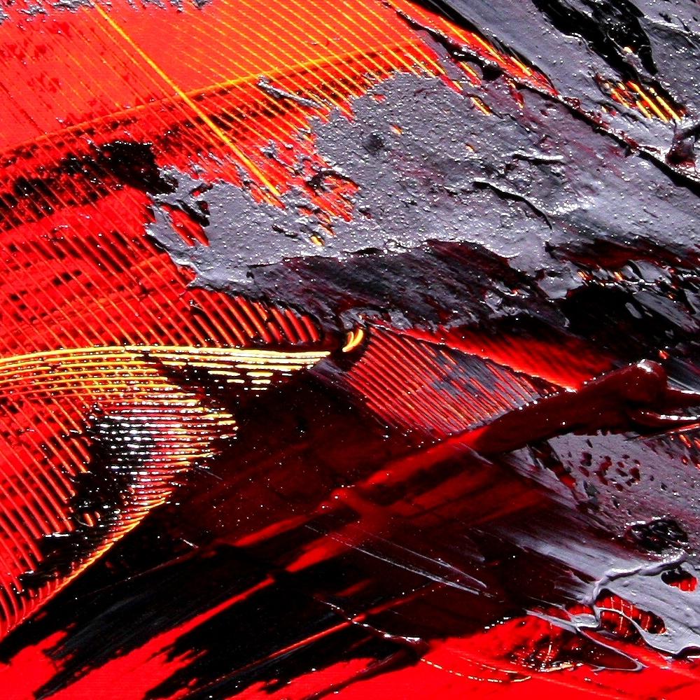 Black and Grey on Red Background with Yellow Stripes Squared Abstract Painting 3