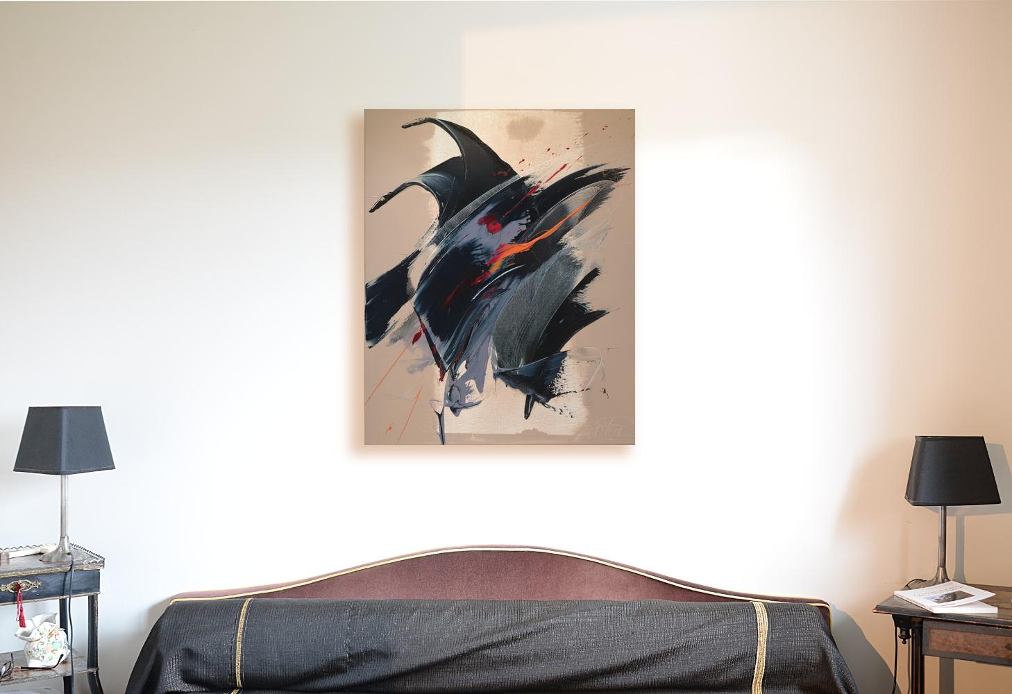 Abstraktes Ölgemälde mit schwarzer und orangefarbener dynamischer Geste auf beigem Beige, ohne Titel – Painting von Jean Soyer