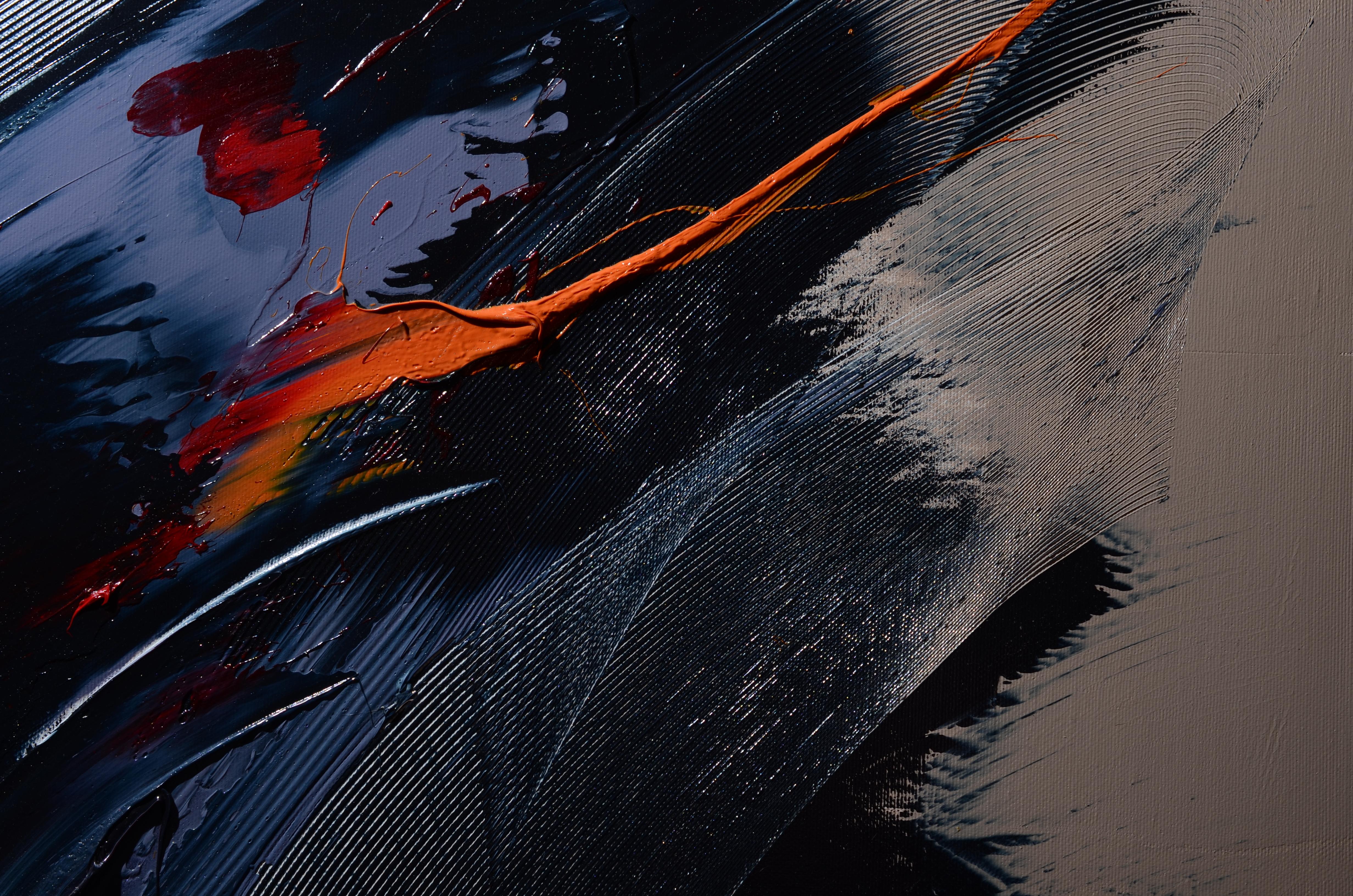 Abstraktes Ölgemälde mit schwarzer und orangefarbener dynamischer Geste auf beigem Beige, ohne Titel im Angebot 2