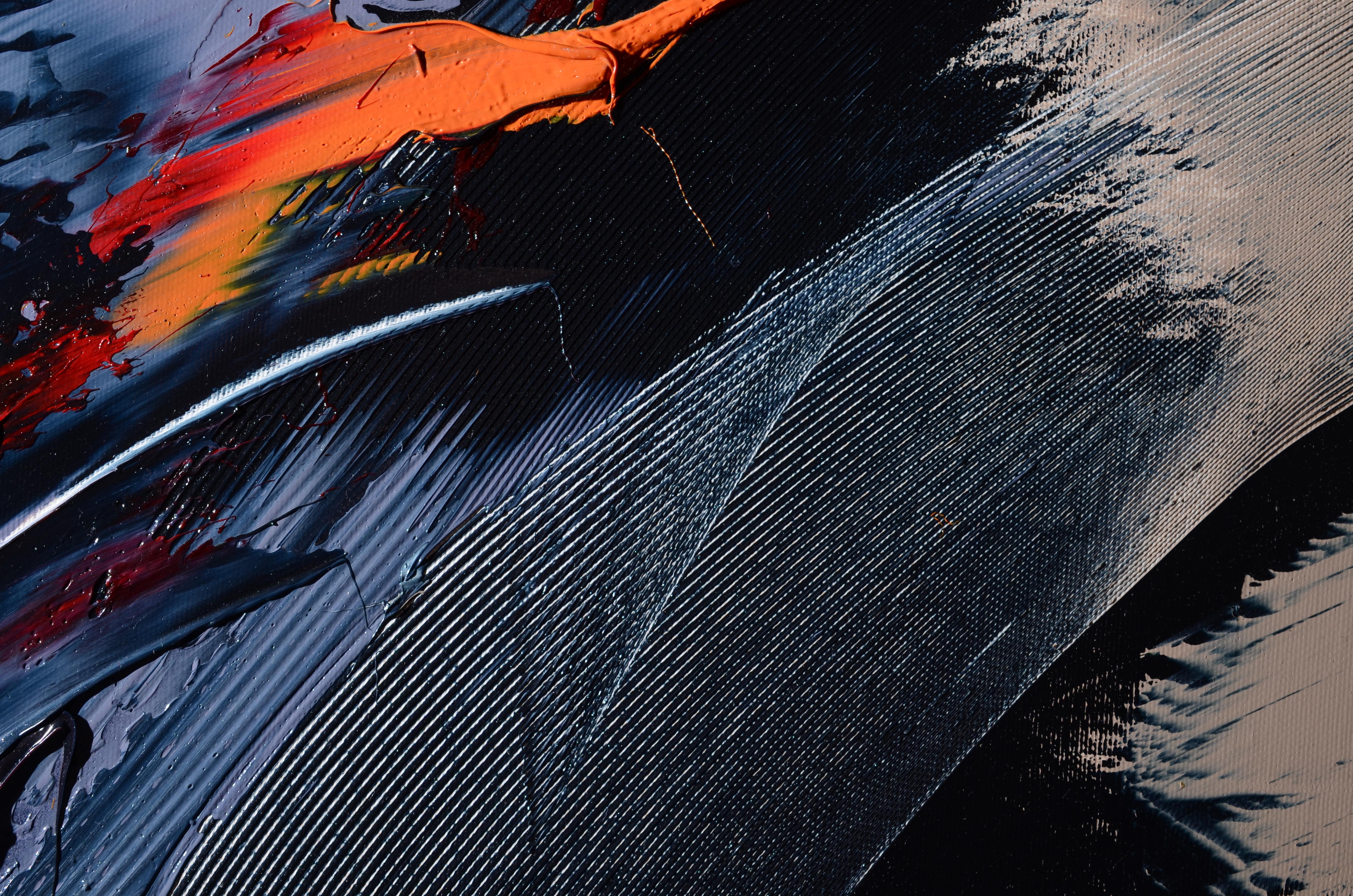 Abstraktes Ölgemälde mit schwarzer und orangefarbener dynamischer Geste auf beigem Beige, ohne Titel im Angebot 5