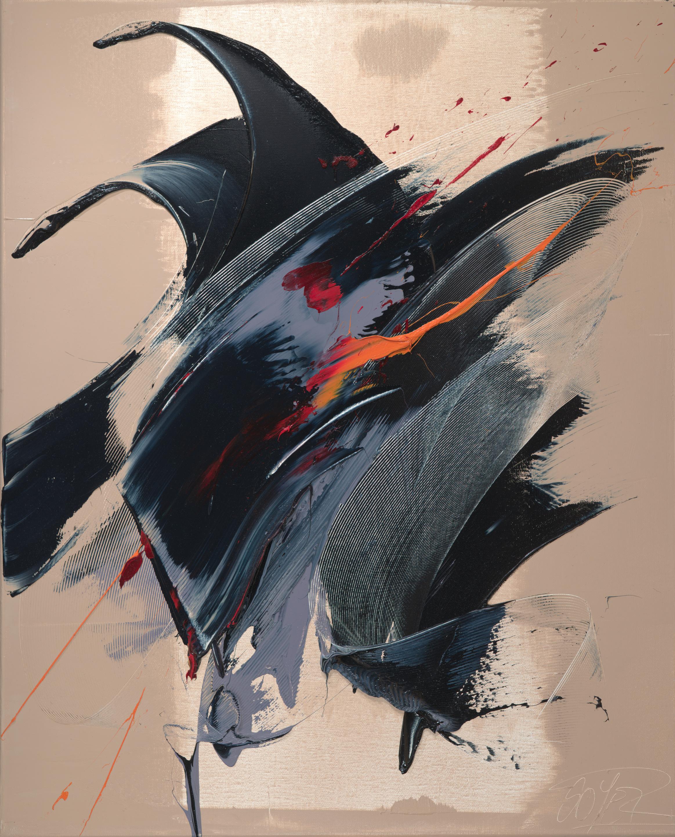 Jean Soyer Figurative Painting – Abstraktes Ölgemälde mit schwarzer und orangefarbener dynamischer Geste auf beigem Beige, ohne Titel