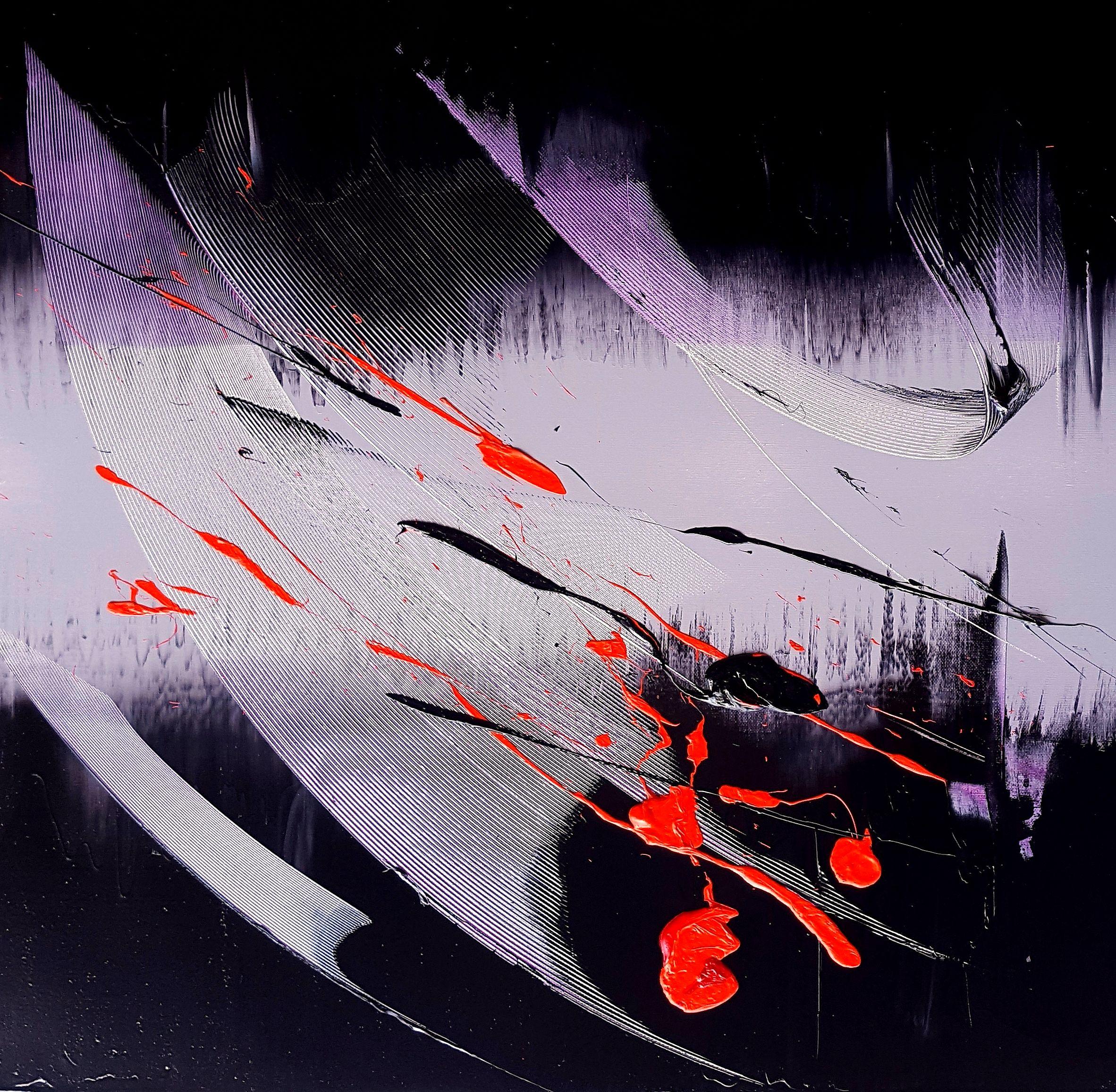 Black, Light Mauve and Red Abstract Oil Painting