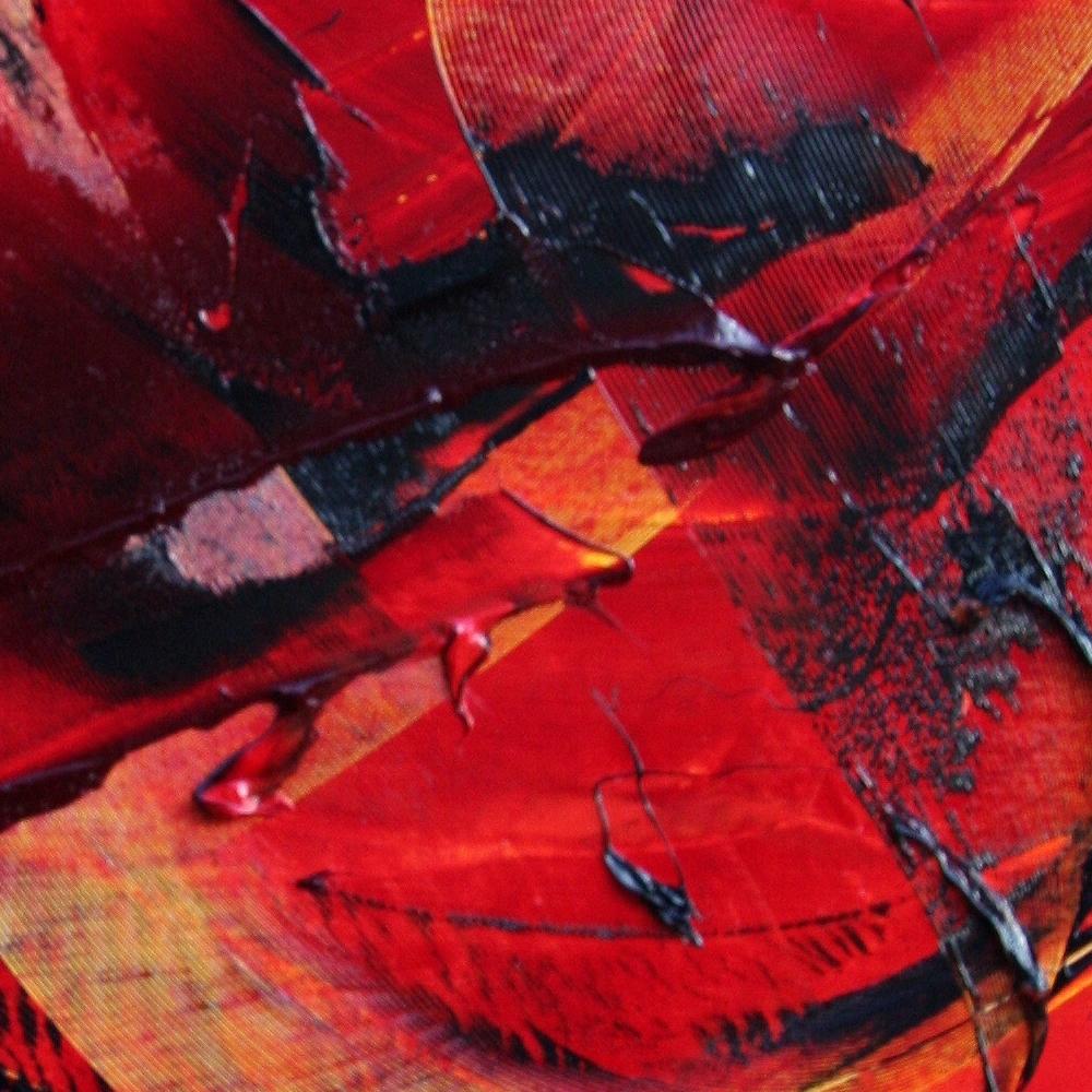 Abstraktes Ölgemälde in Schwarz auf Rot – Painting von Jean Soyer