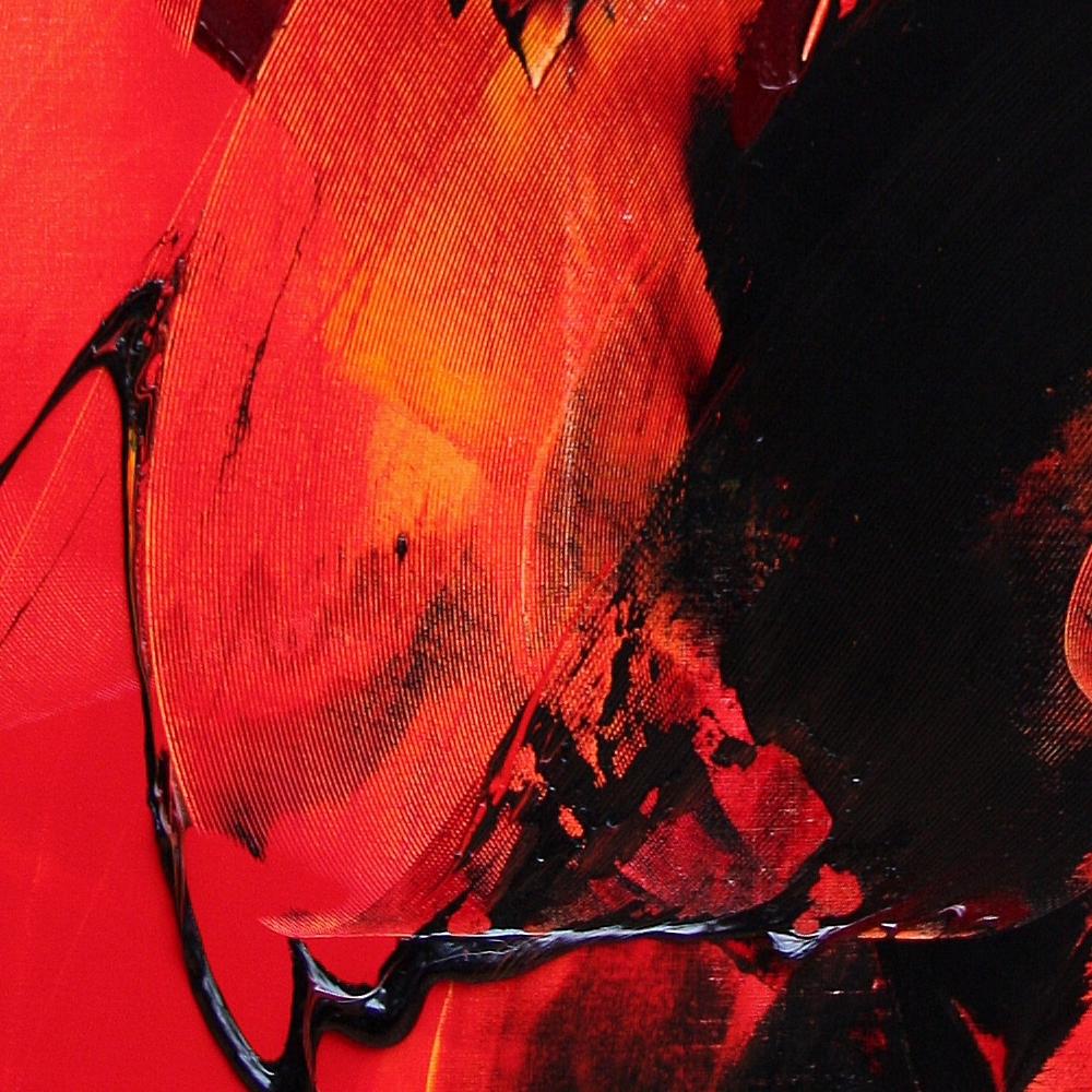 Pittura ad olio astratta nera su rosso - Painting Astratto di Jean Soyer
