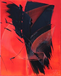 Abstraktes Ölgemälde in Schwarz auf Rot