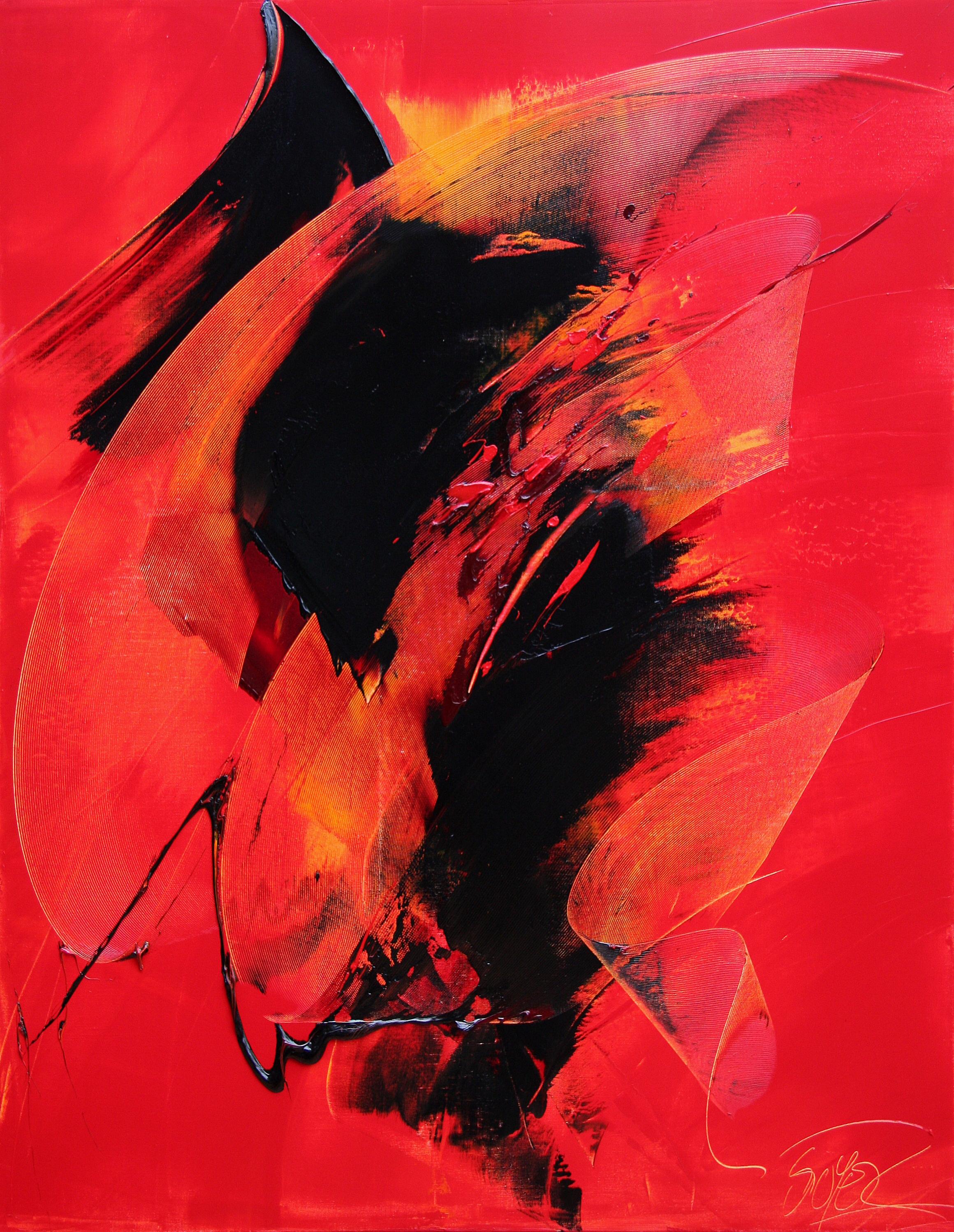Abstract Painting Jean Soyer - Peinture à l'huile abstraite noire sur rouge