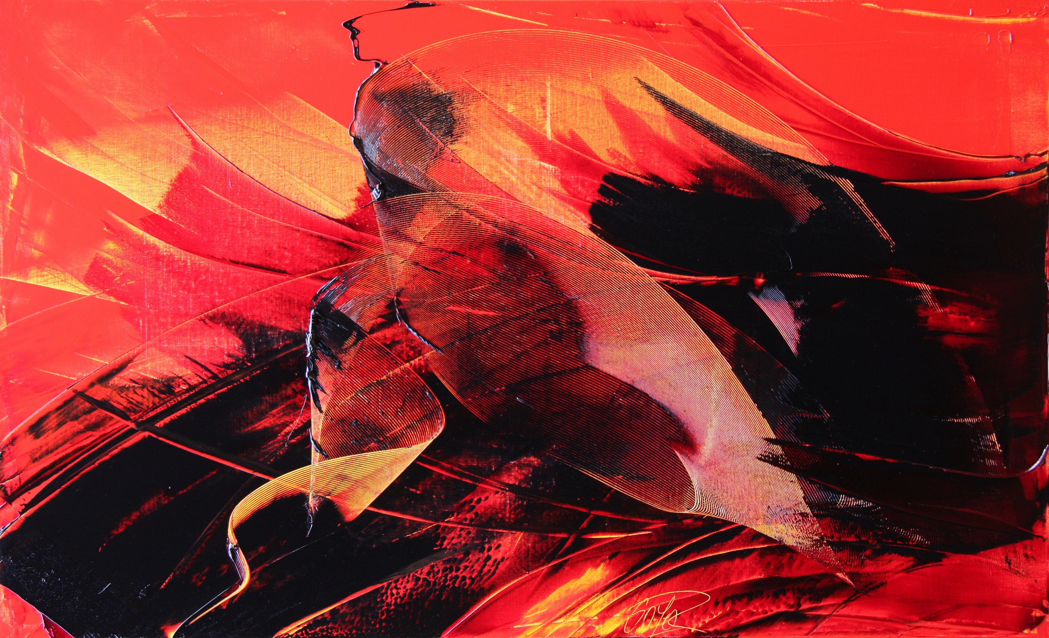 Jean Soyer Abstract Painting – Gestisches abstraktes Ölgemälde in Schwarz auf Rot und Gelb, Schwarz