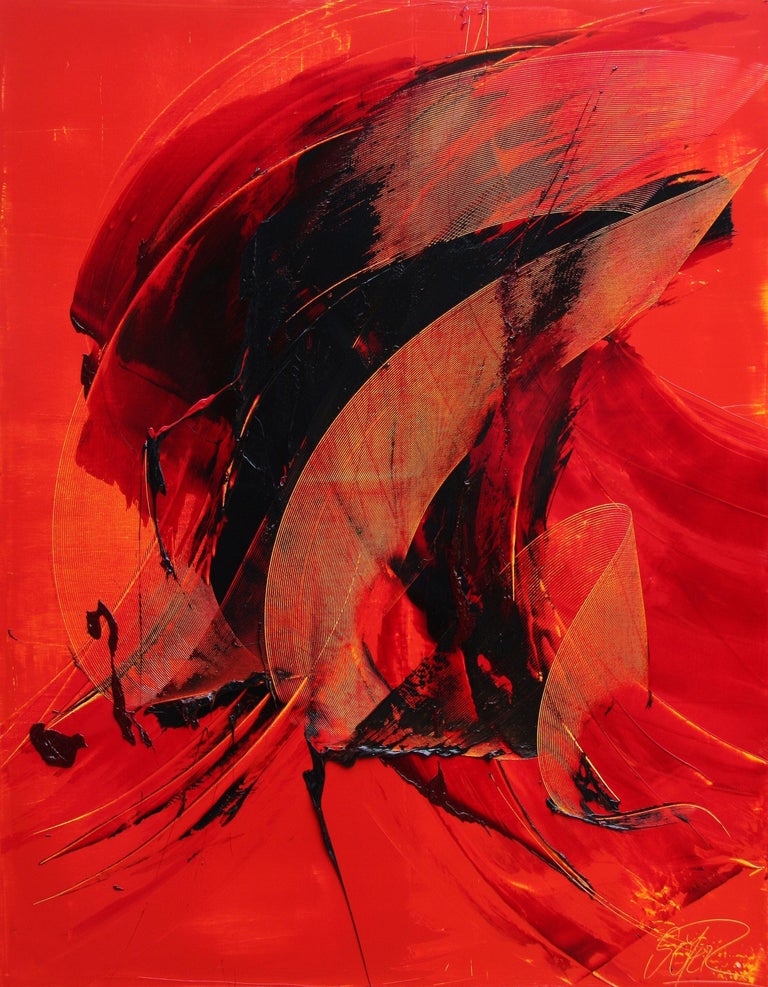 Black on Red Gestural Abstract Oil Painting 1
