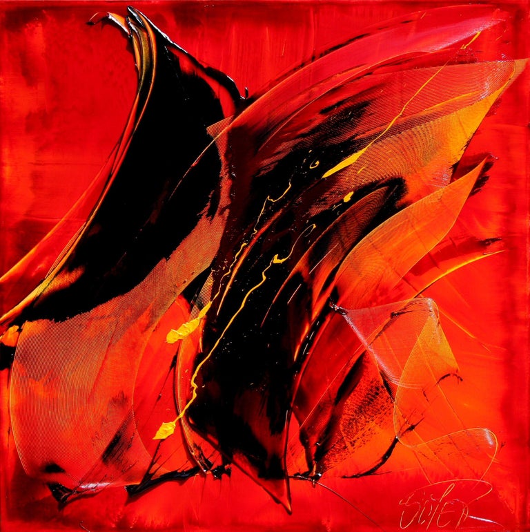 Black on Red with Vivid Yellow Tracks Squared Abstract Oil Painting 1