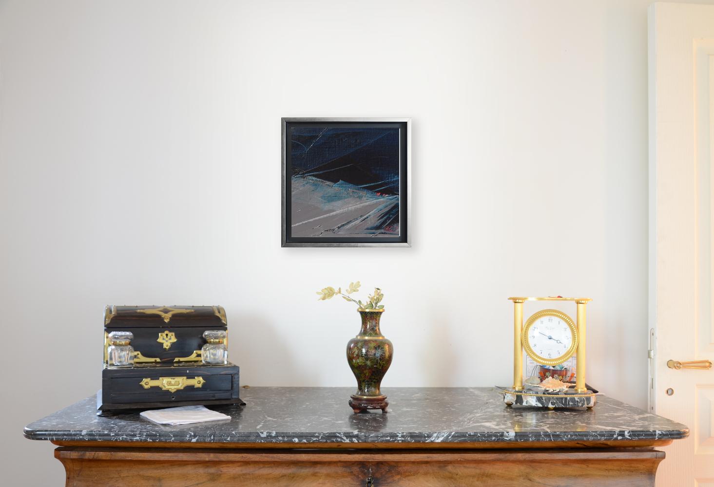 Abstraktes, quadratisches Ölgemälde in Blau, Grau und Rot, ohne Titel – Painting von Jean Soyer