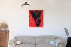 Bold Modern Abstract Art: Striking Red Canvas with Black Gestural Strokes