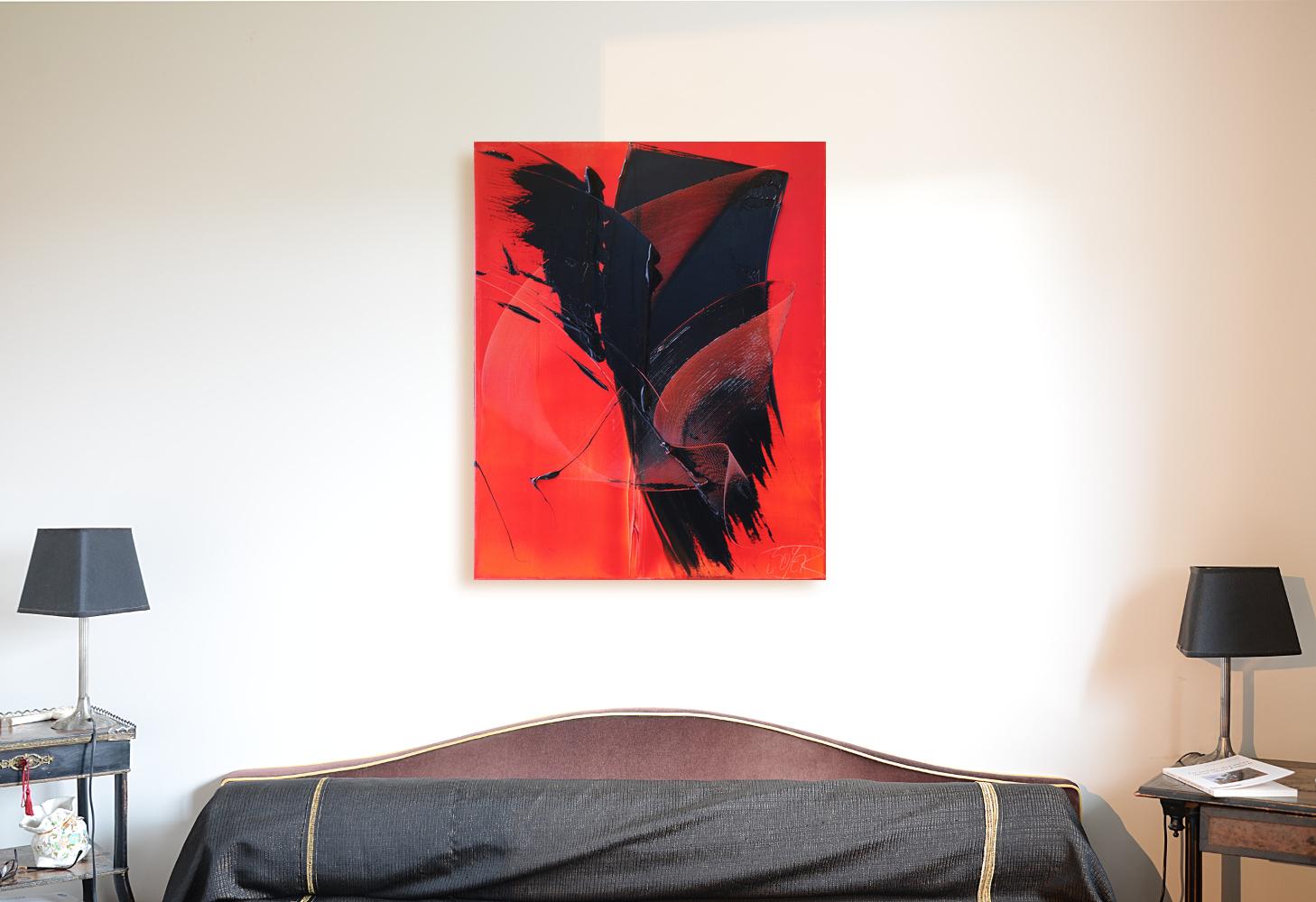 Arte abstracto moderno y audaz: Llamativo lienzo rojo con trazos gestuales negros - Painting Abstracto de Jean Soyer