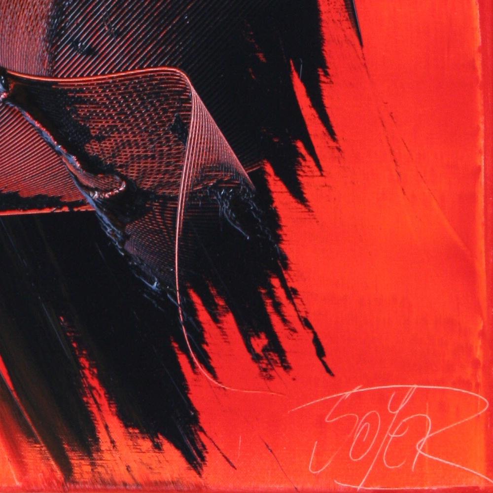 Arte abstracto moderno y audaz: Llamativo lienzo rojo con trazos gestuales negros - Abstract Painting Rojo de Jean Soyer