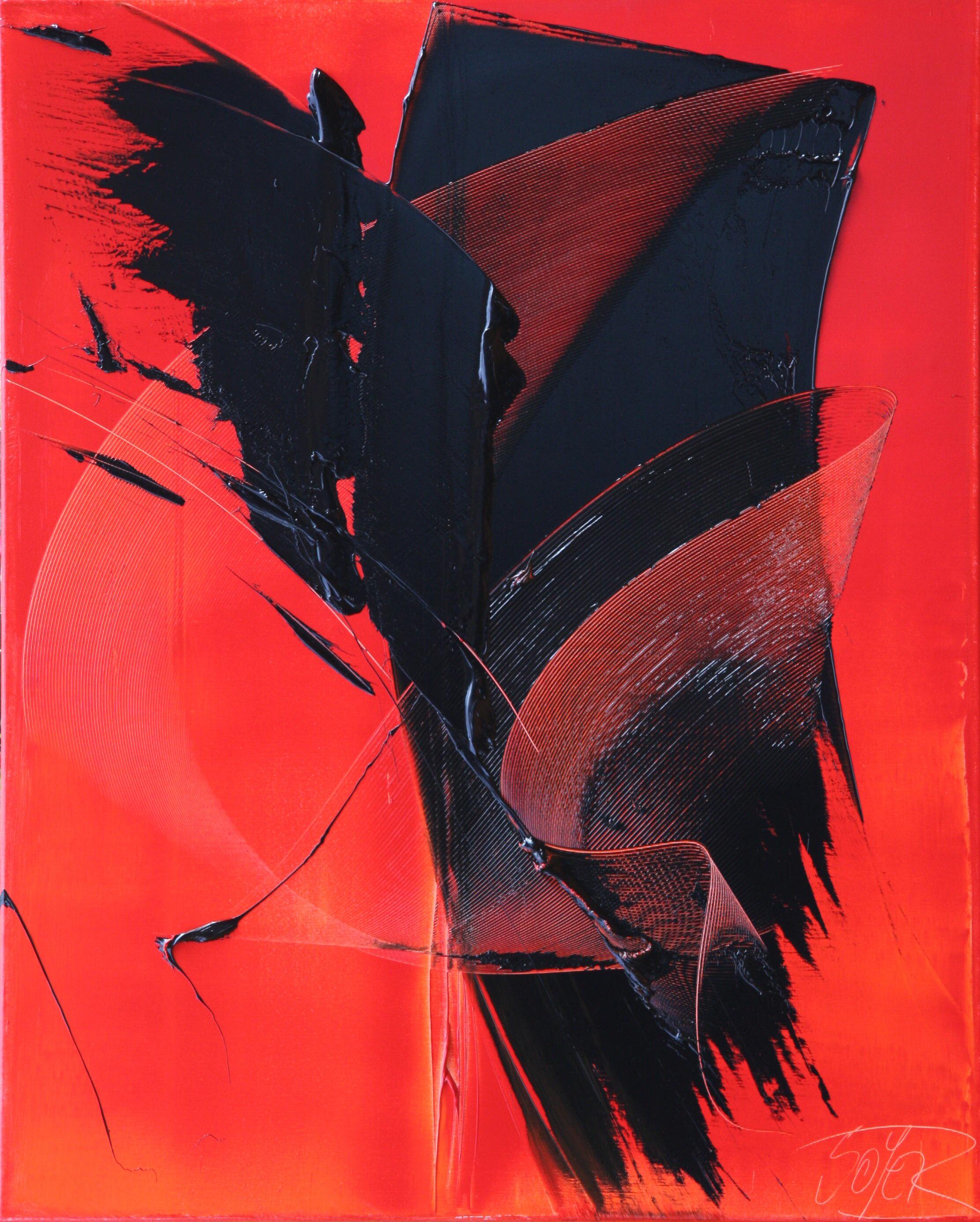 Abstract Painting de Jean Soyer - Arte abstracto moderno y audaz: Llamativo lienzo rojo con trazos gestuales negros