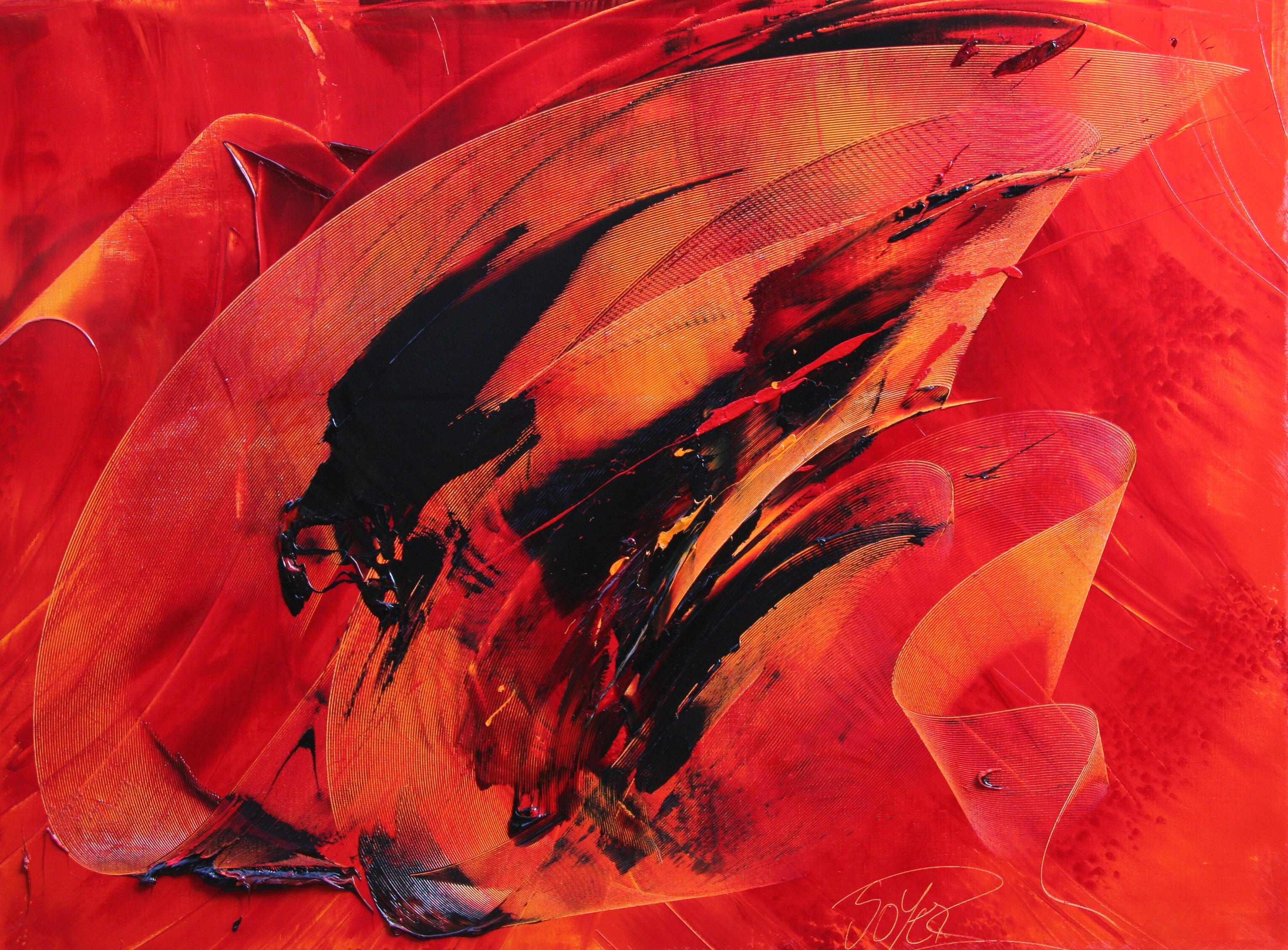 Jean Soyer Abstract Painting – Kühnes rotes zeitgenössisches abstraktes Ölgemälde mit Strukturelementen
