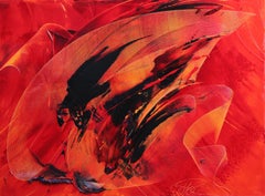 Pintura al óleo abstracta contemporánea de color rojo intenso con elementos texturales