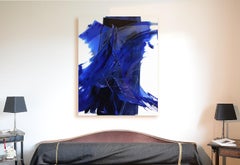 Collision of Two Blue Waves on White and Dark Background Abstract Oil Painting