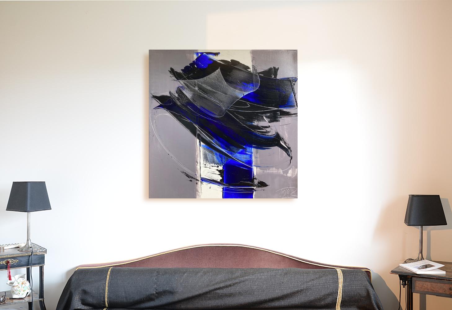 Pinceladas atrevidas contemporáneas: Azul y negro sobre gris Pintura al óleo abstracta en venta 8