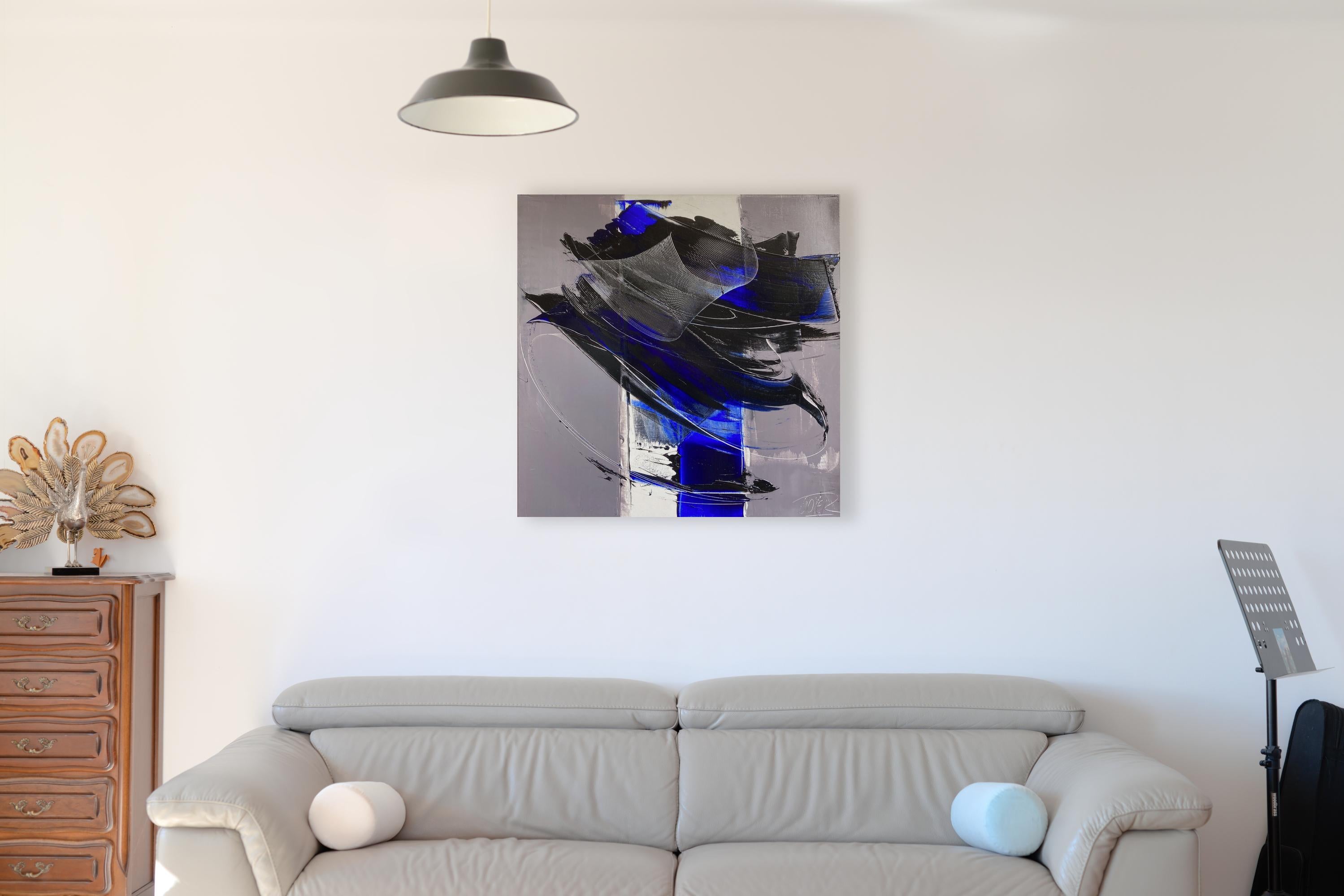 Pinceladas atrevidas contemporáneas: Azul y negro sobre gris Pintura al óleo abstracta - Painting de Jean Soyer
