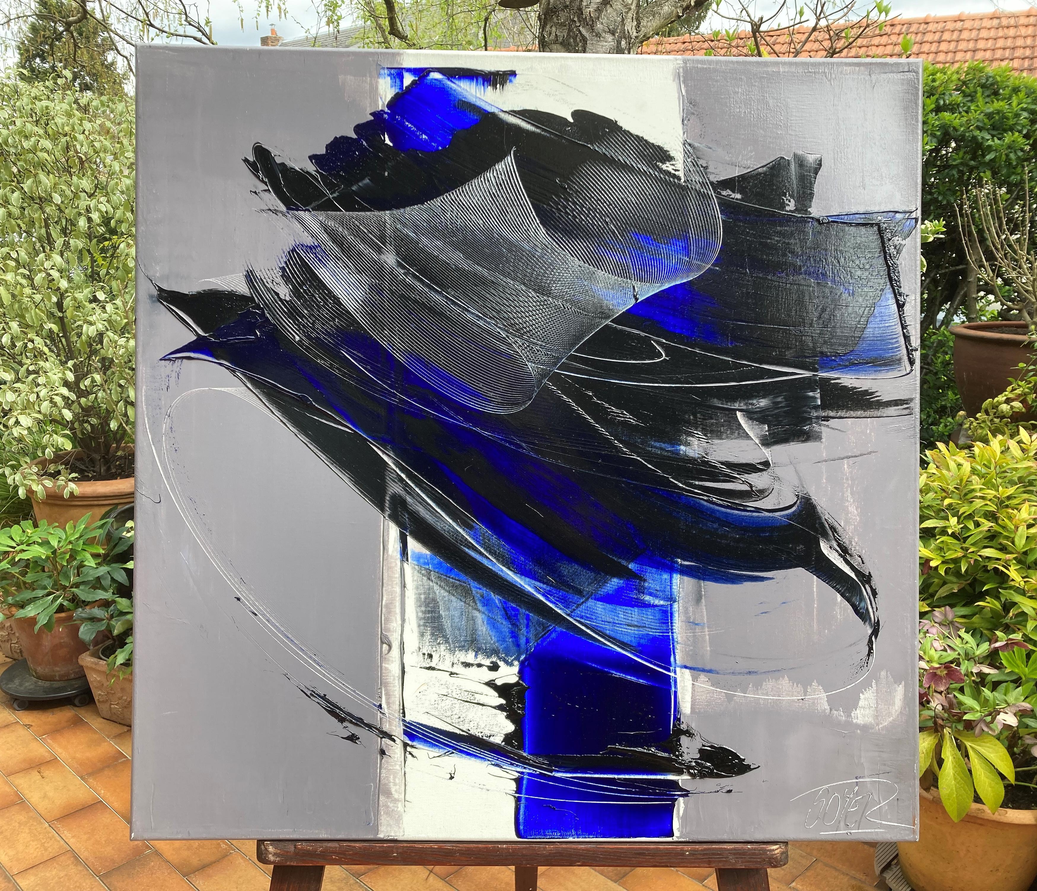 Pinceladas atrevidas contemporáneas: Azul y negro sobre gris Pintura al óleo abstracta - Abstract Painting Gris de Jean Soyer