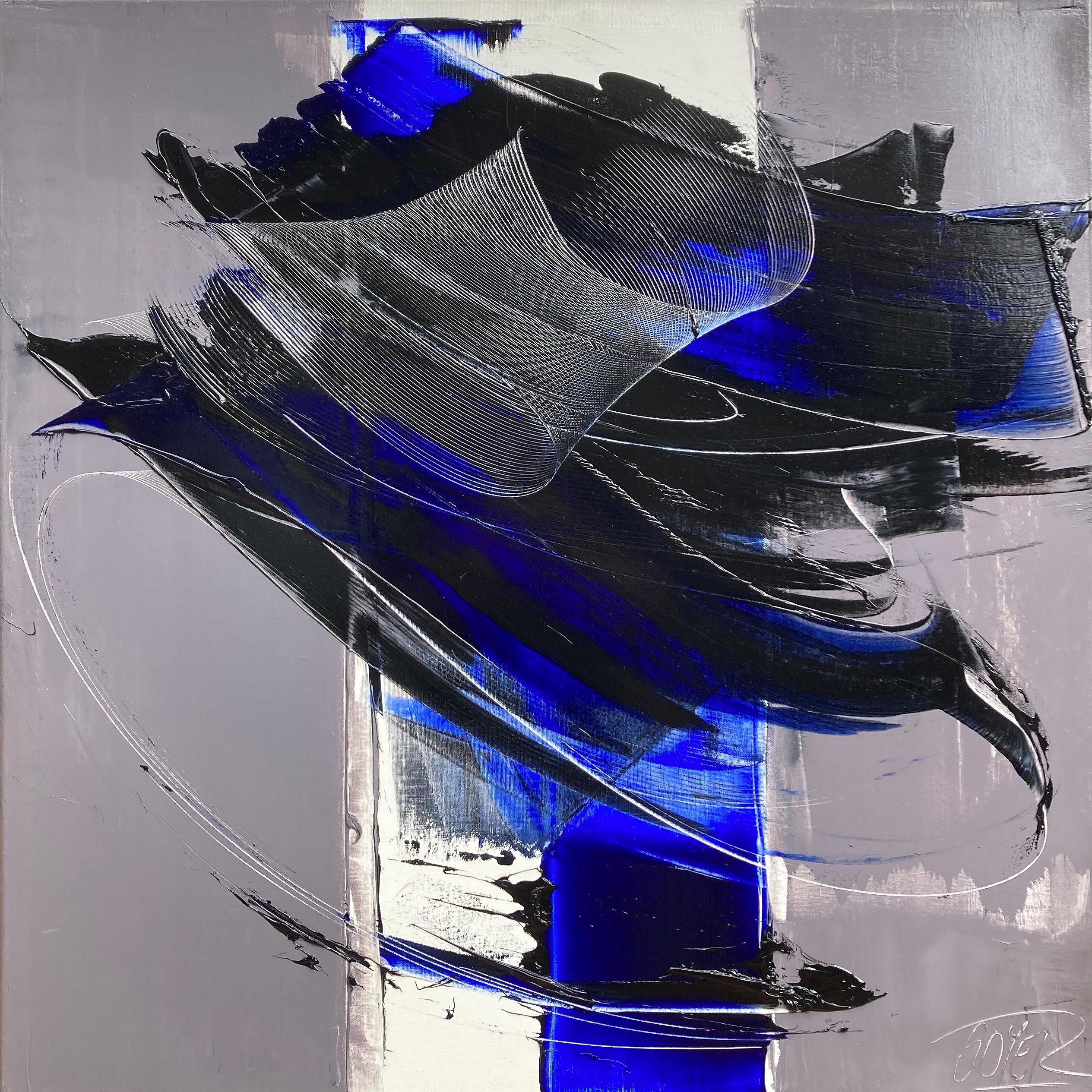 Abstract Painting de Jean Soyer - Pinceladas atrevidas contemporáneas: Azul y negro sobre gris Pintura al óleo abstracta