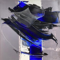 Contemporaneo: pennellate audaci: Pittura ad olio astratta blu e nera su grigio