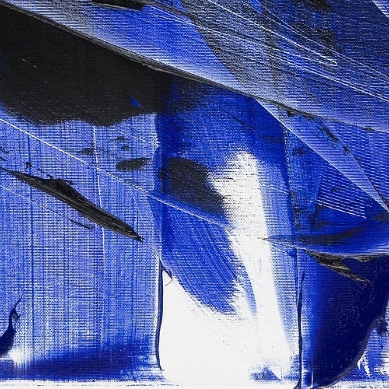 Jean Soyer Dark and Blue on White Background Hashtag Shaped Squared Abstract Oil Painting For