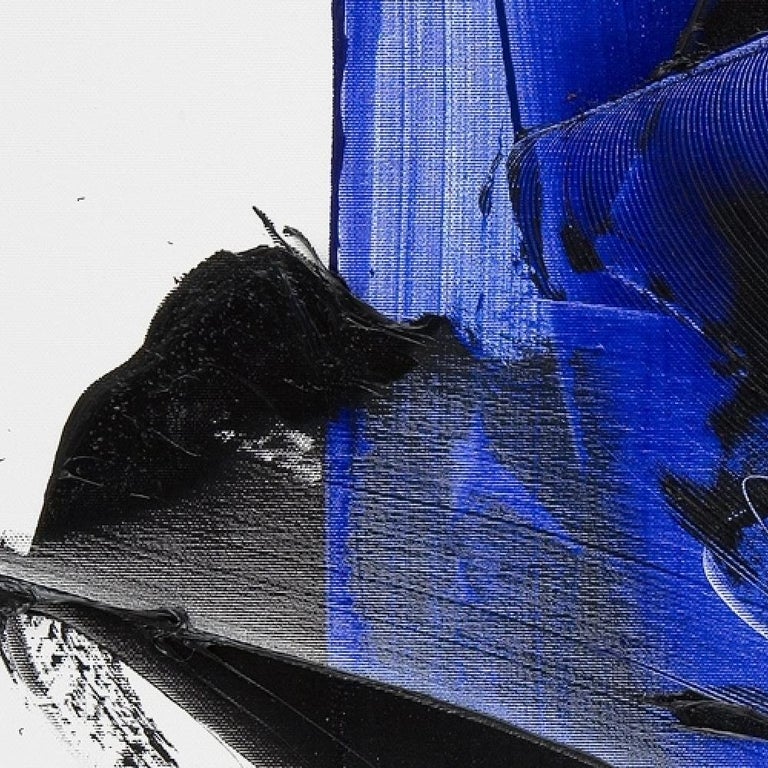 Jean Soyer Dark and Blue on White Background Hashtag Shaped Squared Abstract Oil Painting For