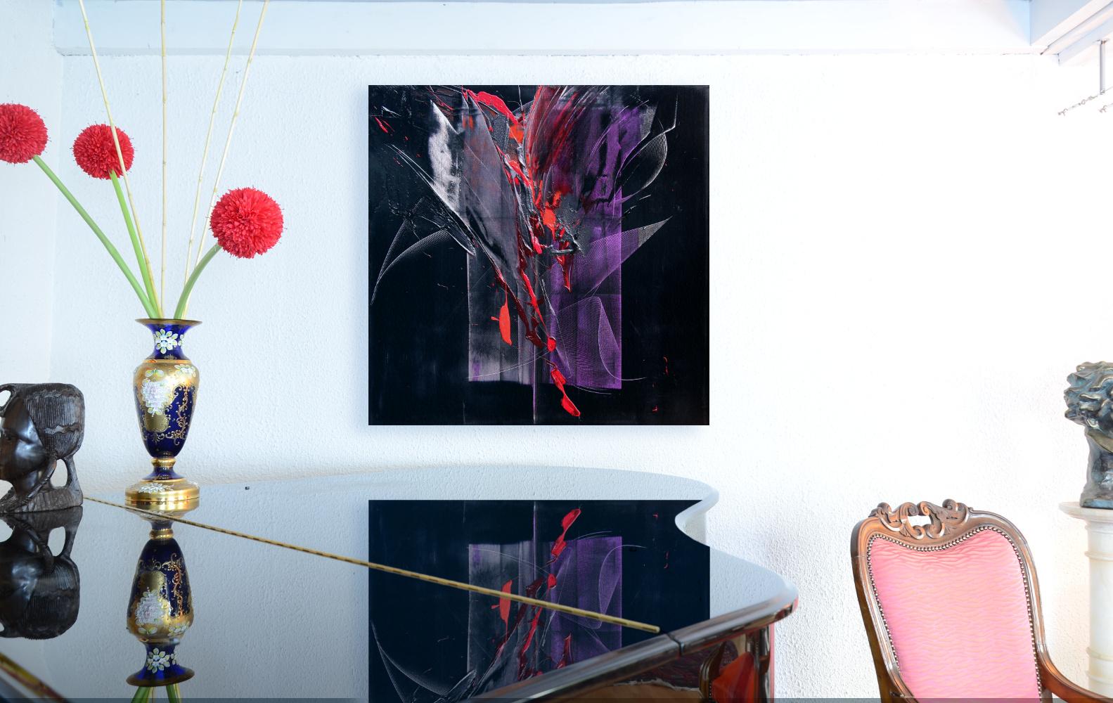 Movimento drammatico: Pittura espressionista astratta in rosso e viola - Painting di Jean Soyer