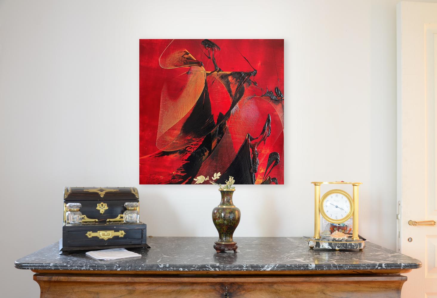 Drammatico dipinto a olio astratto rosso: Sinfonia in Scarlatto e Nero - Painting Astratto di Jean Soyer