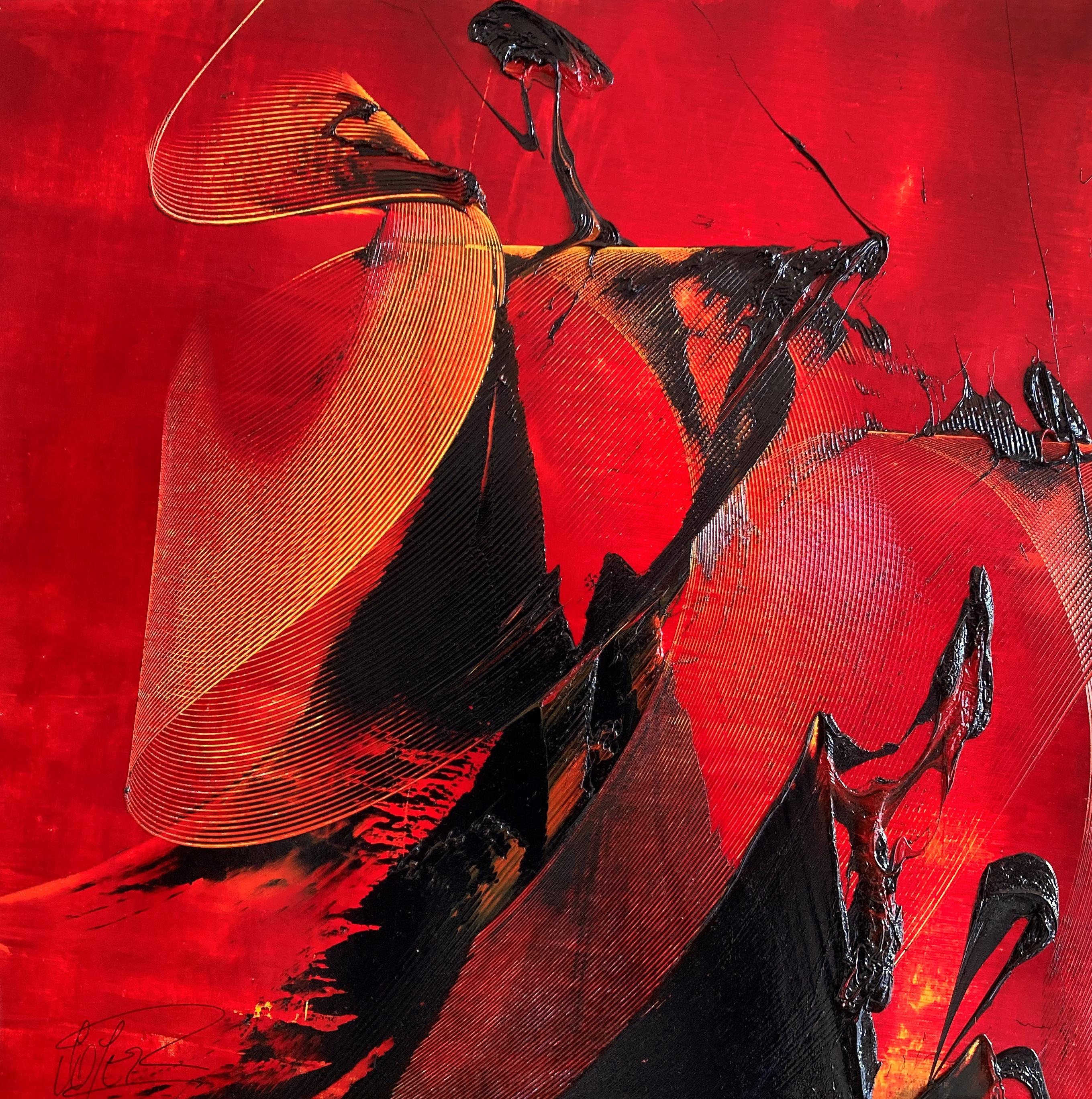 Abstract Painting di Jean Soyer - Drammatico dipinto a olio astratto rosso: Sinfonia in Scarlatto e Nero