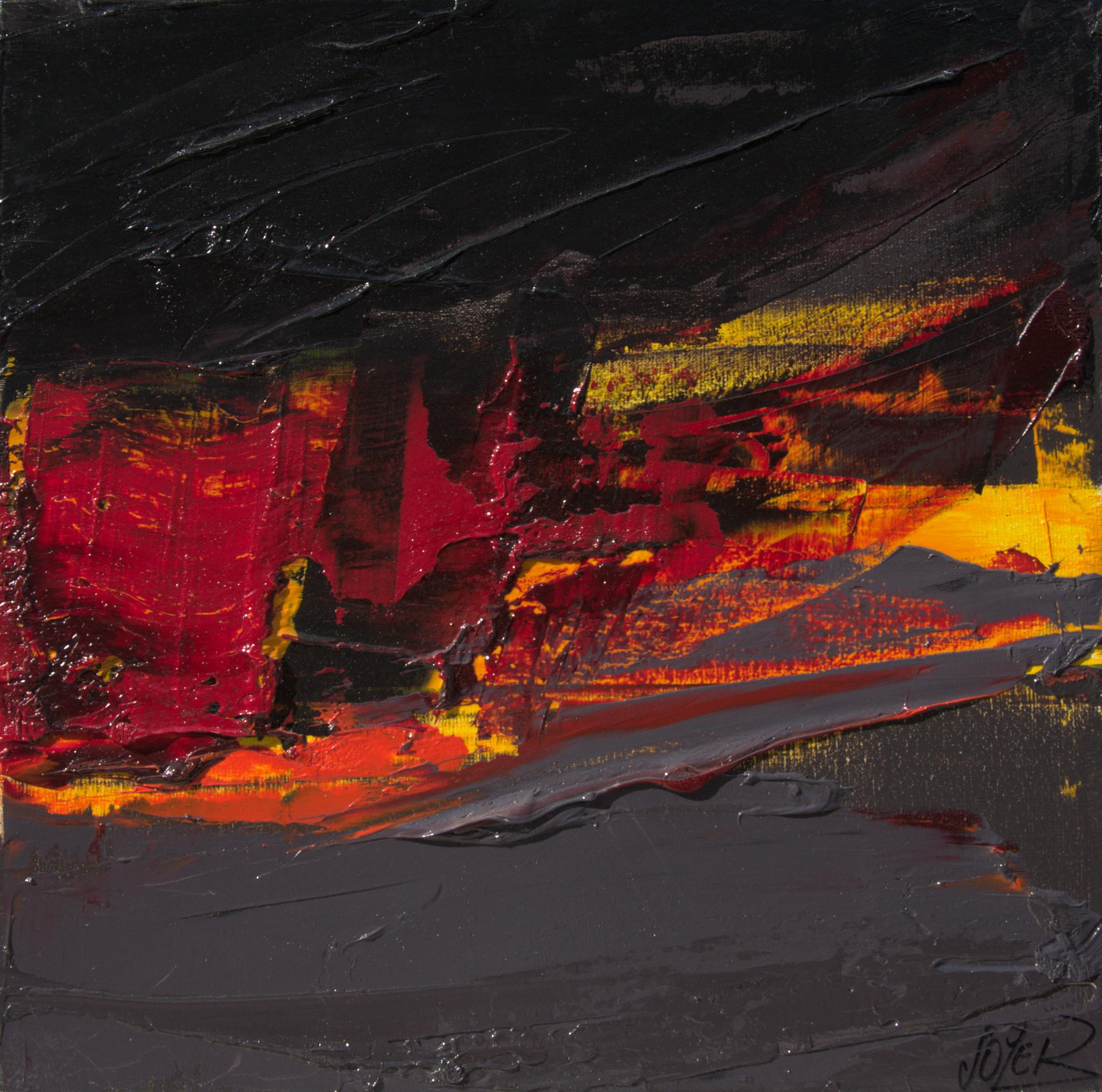 Dramatic Sunset Abstract: Bold Red and Black Oil Painting by Jean Soyer in vendita 2