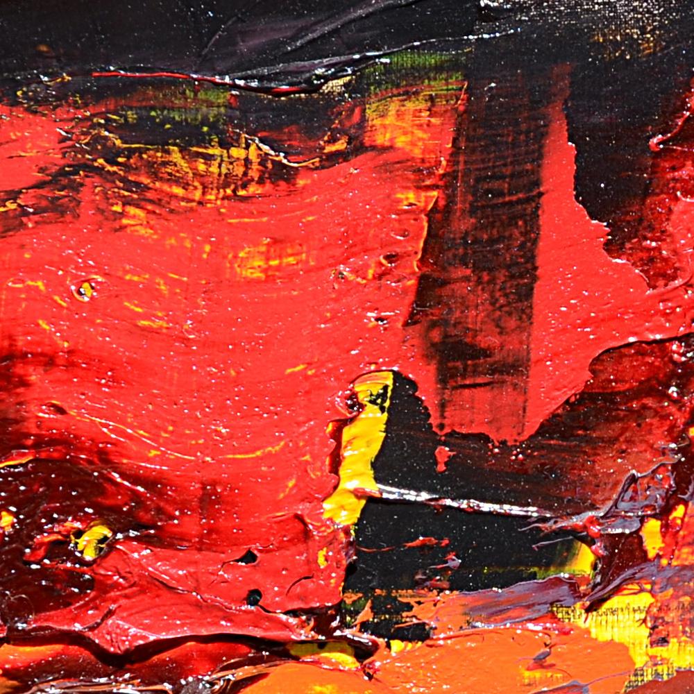 Dramatic Sunset Abstract: Bold Red and Black Oil Painting by Jean Soyer in vendita 6
