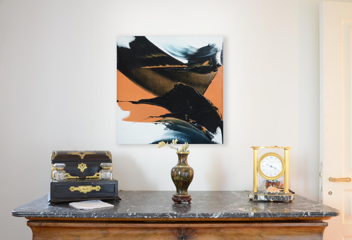 Composizione astratta dinamica in arancione e nero  Pittura ad olio moderna - Painting di Jean Soyer