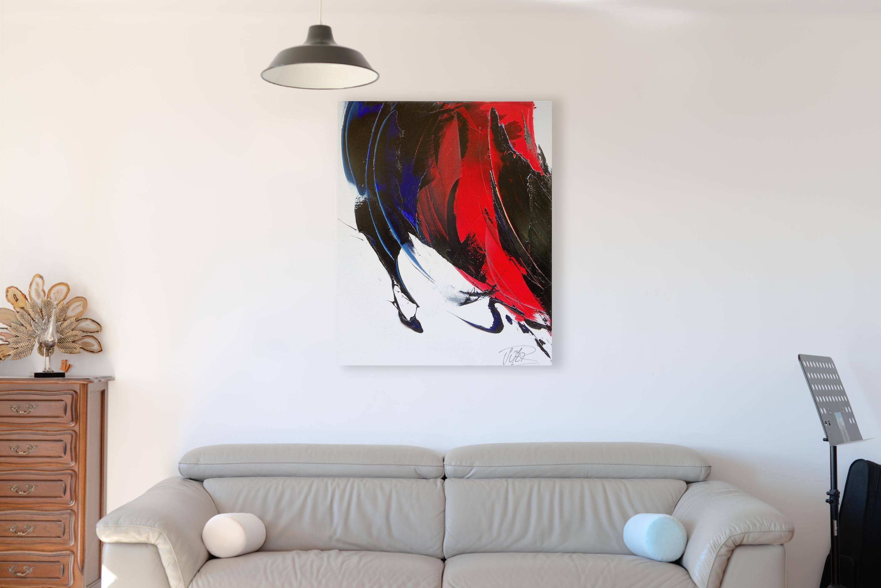 Composizione lirica astratta dinamica rossa e blu Pittura ad olio moderna - Painting di Jean Soyer